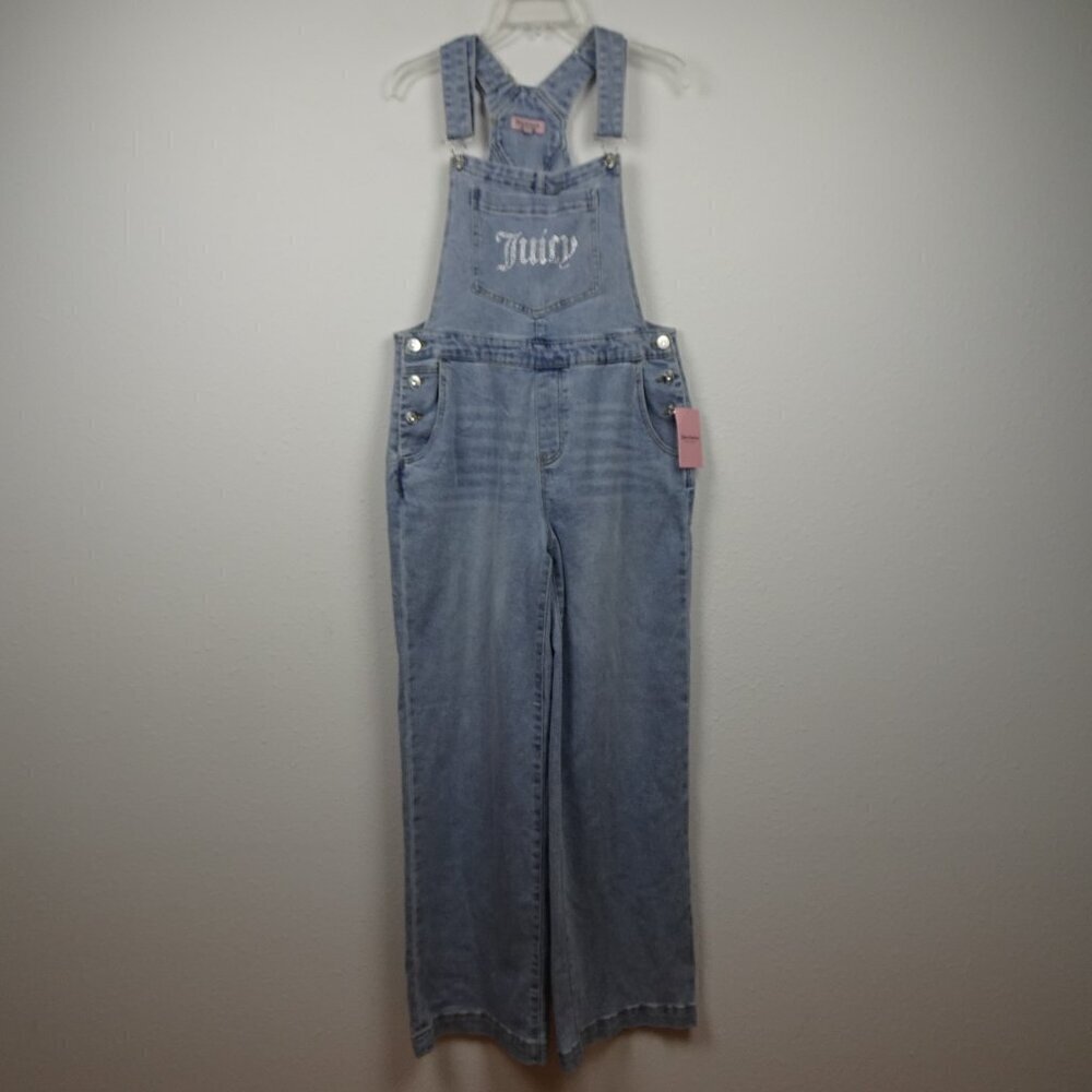 Juicy Couture Overalls Women's Size L Blue Denim Wide Leg Rhinestone Logo